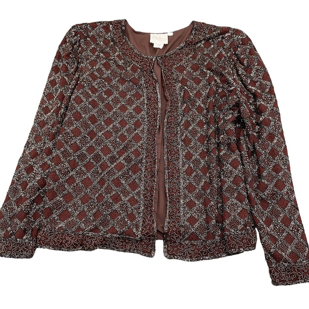 Patrice Designs Jacket Women Large Brown Metallic Allover Embellish Silk USA VTG